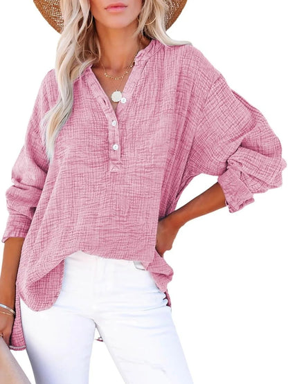 🔥Womens Casual Button V Neck Long Sleeve Shirts Oversized Solid Blouses Tops