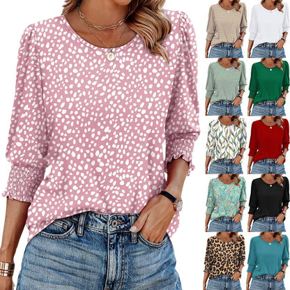 Women Dressy Casual 3/4 Length Sleeve Blouses with Smocked Cuffs