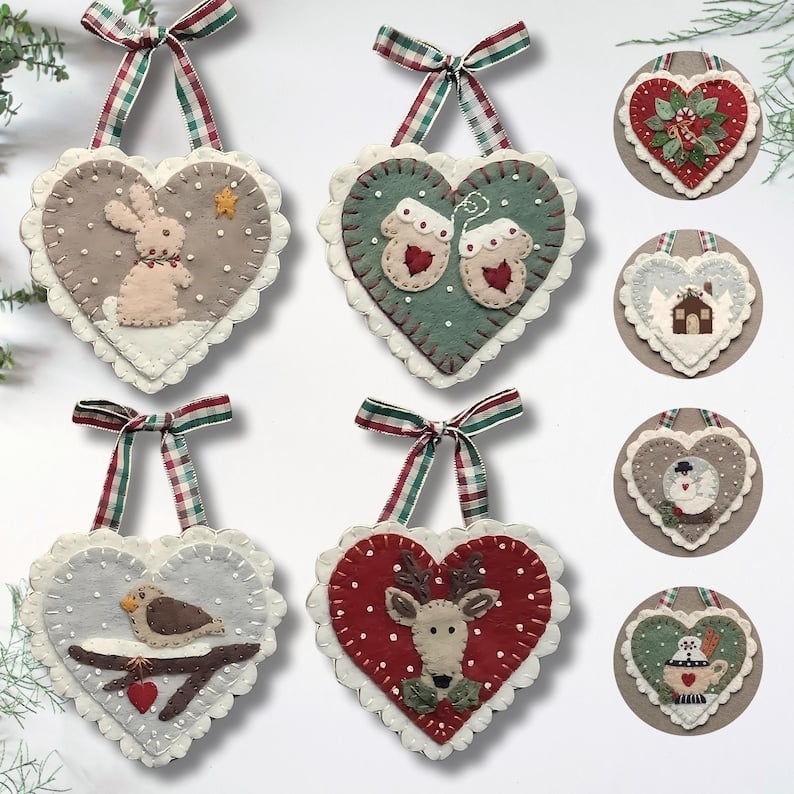 Pre-Cut Wool Blend Felt Holiday Hearts Ornament Kit